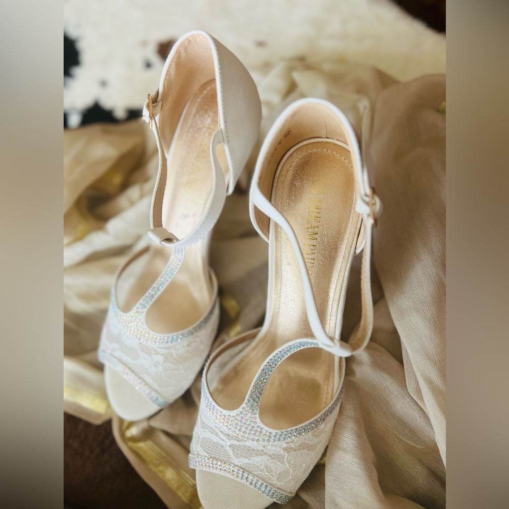 White/Glitter T-strap Heels